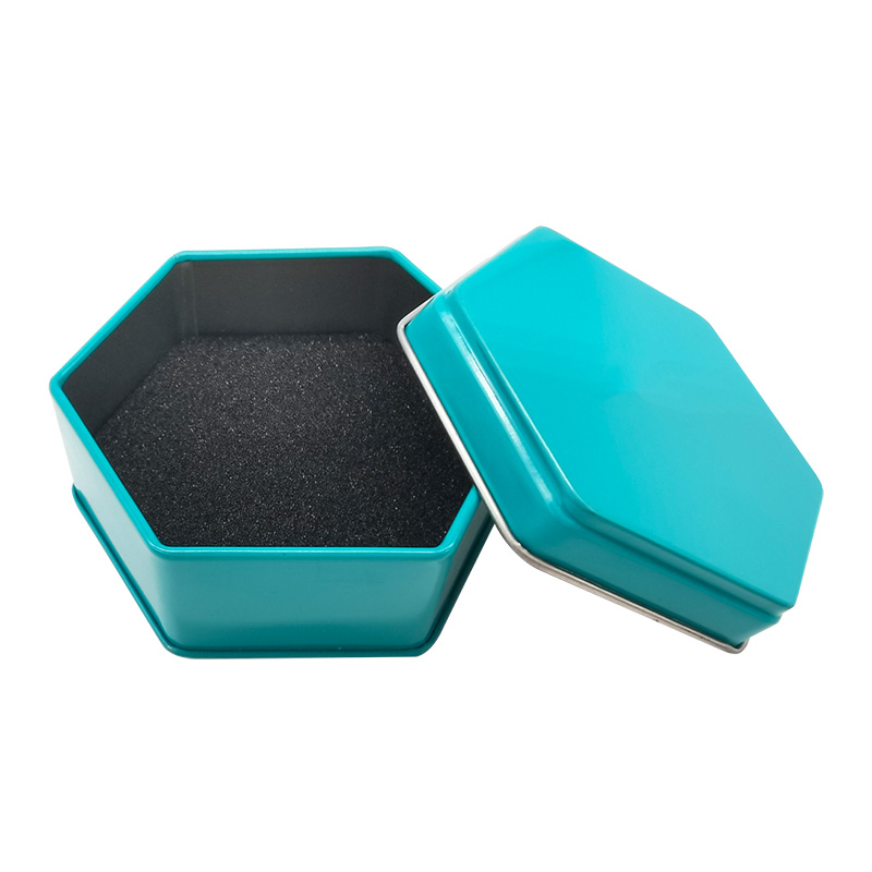 Glossy Finish Candy Hexagonal Printed Tin Box With Embossing