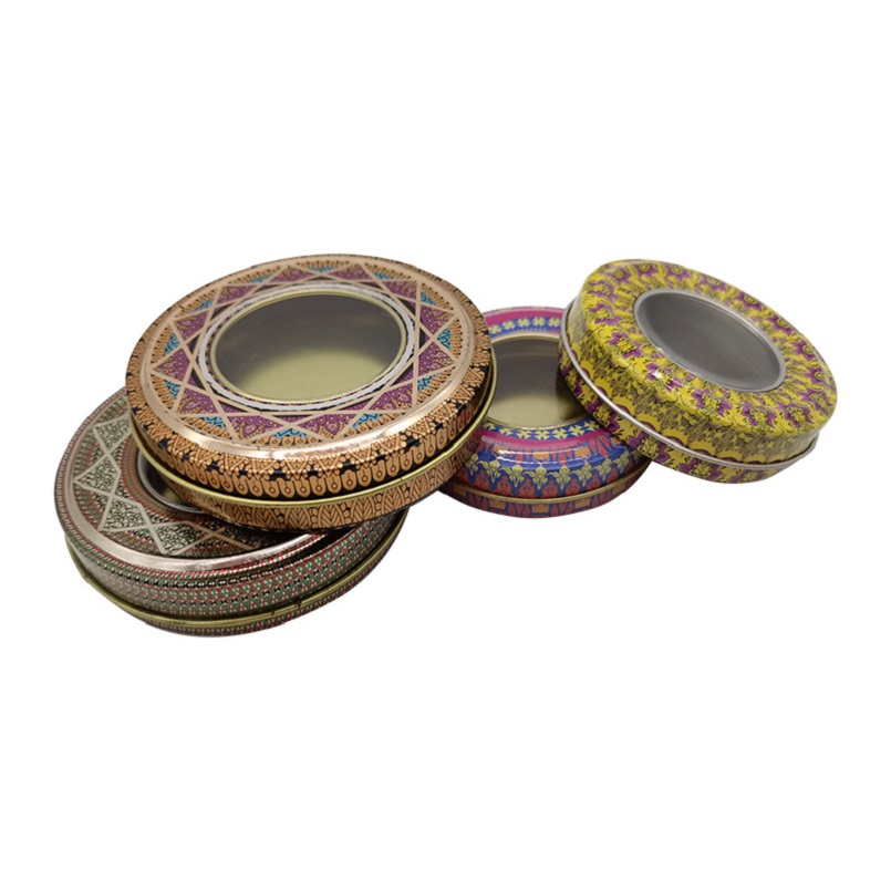 Portable Festival Decorative Metallic Gift Box Round Cookie Packaging Tin